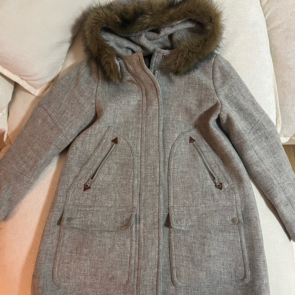 J. Crew Gray Women's Puffer Coat with Faux Fur Hood